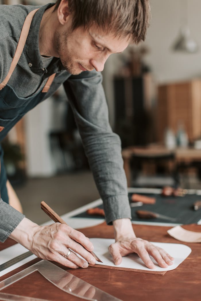 services-02 An artisan skillfully cutting leather with precision in a well-lit workshop, demonstrating craftsmanship.